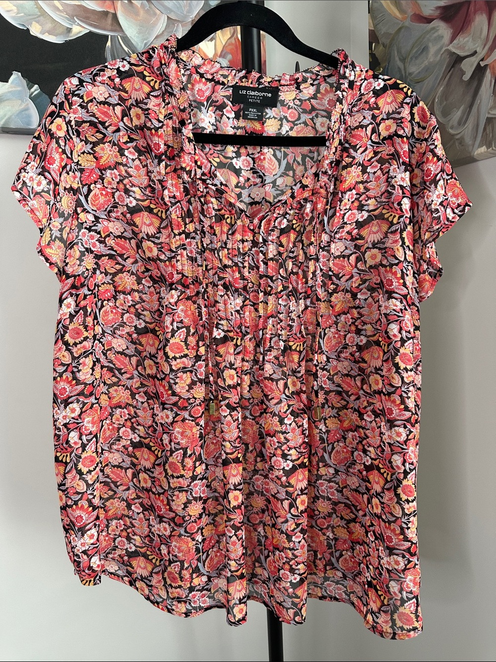 Liz Claiborne Floral Pintuck Short Sleeve Top - Coral & Yellow Accents